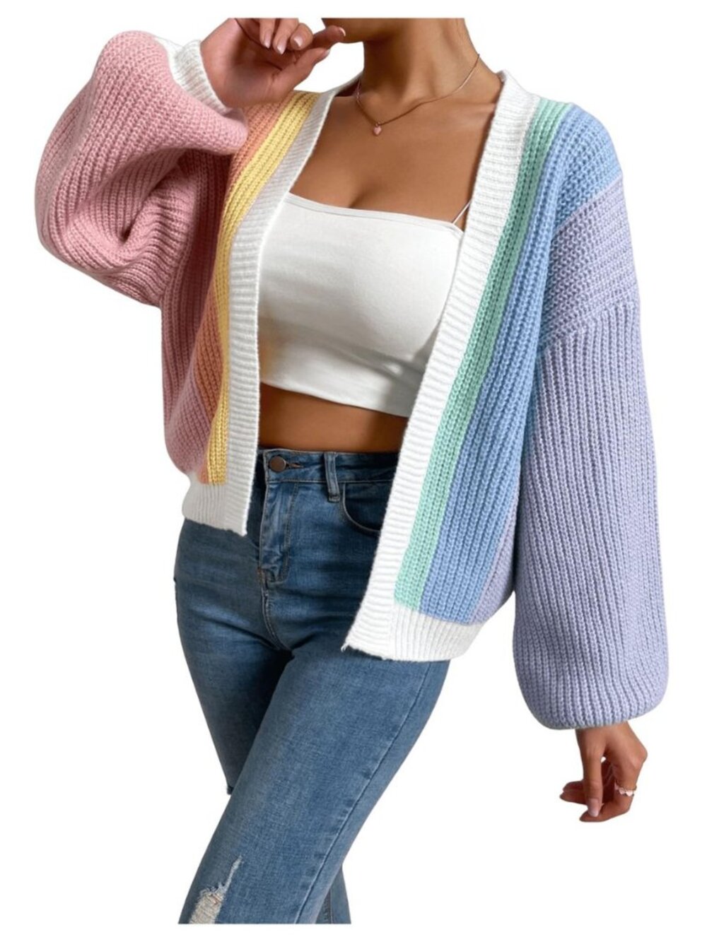 Women's Color Block Cropped Cardigan Open Front Ribbed Knit Sweaters